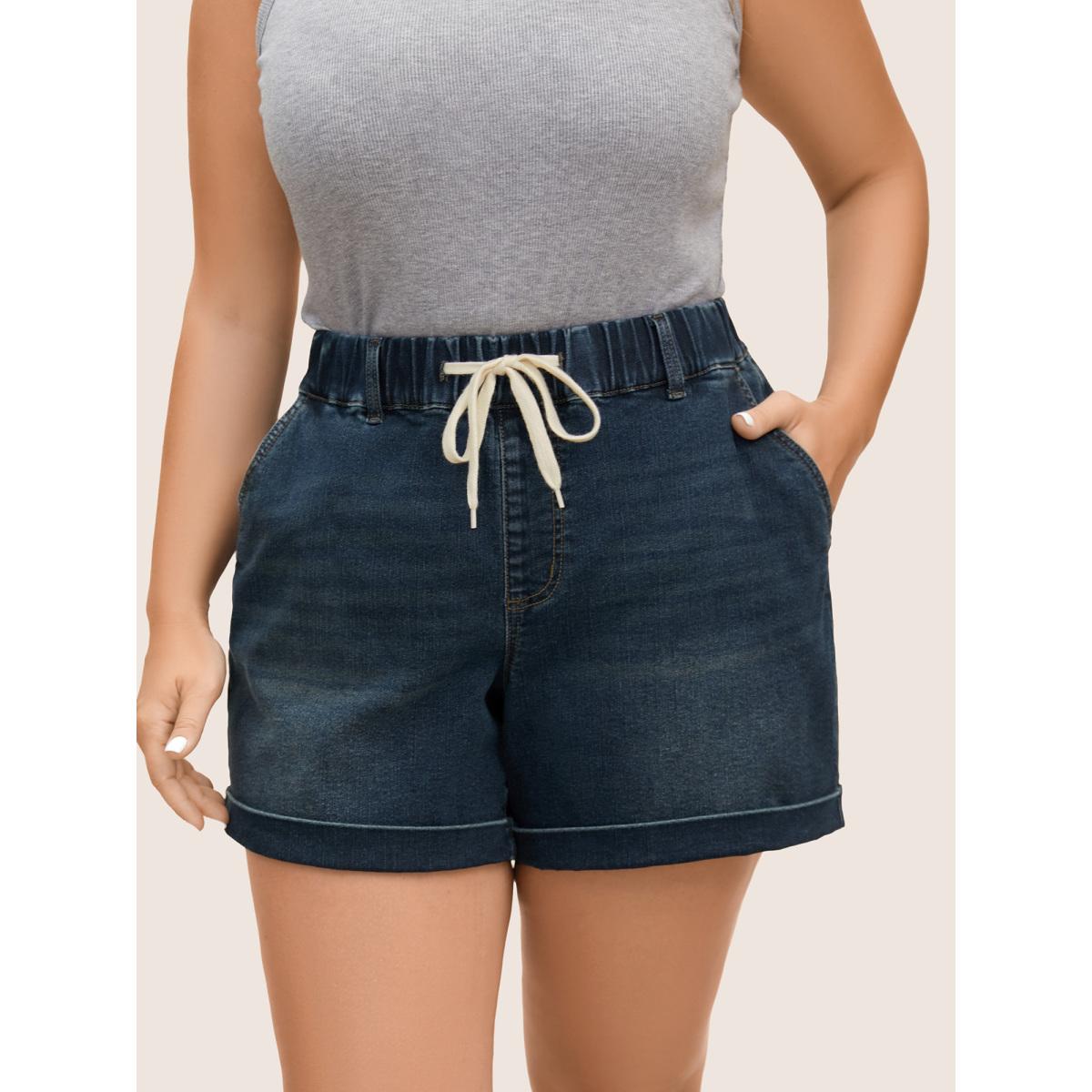 Plus Size Dark Wash Drawstring Roll Hem Denim Shorts Women Denimblue Roll Hem High stretch Everyday Slanted pocket Casual Denim Shorts BloomChic 28/5X Product Image