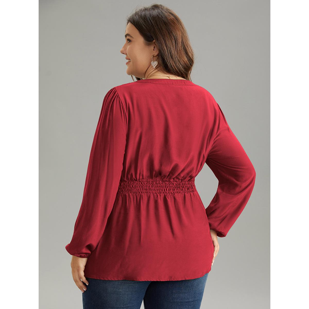 Plus Size Raspberry Solid Frill Trim Shirred Flutter Hem Blouse Women Elegant Long Sleeve Notched collar Dailywear Blouses BloomChic 22-24/3X Product Image