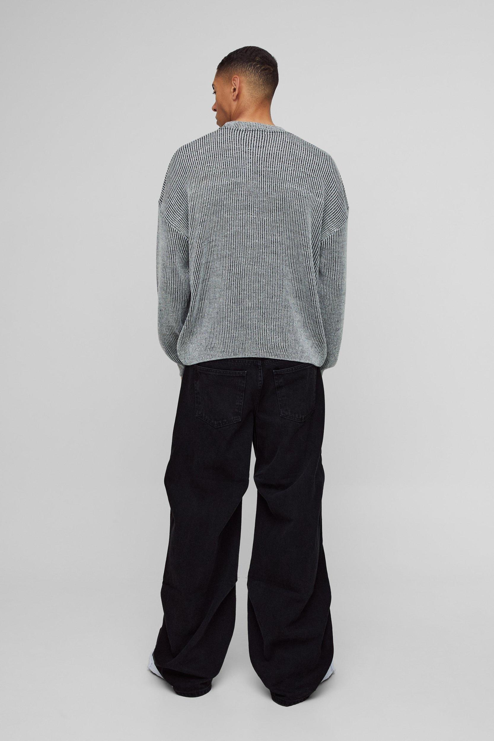 Boxy Crew Neck Dropped Shoulder Plated Ribbed Knit Sweater | boohooMAN USA Product Image