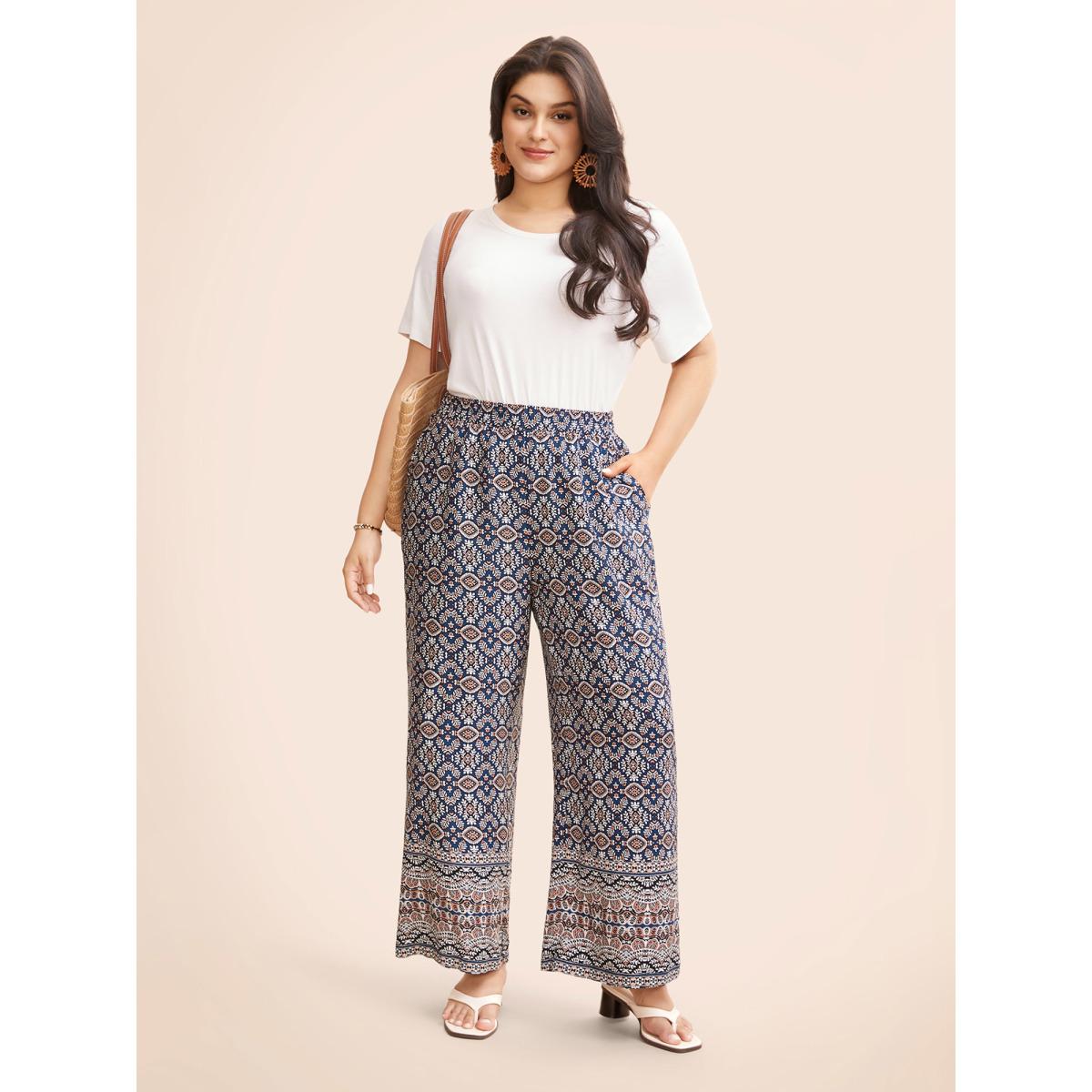 Plus Size Boho Print Elastic Waist Wide Leg Pants Women Indigo Resort Wide Leg Mid Rise Vacation Pants BloomChic 30/6X Product Image