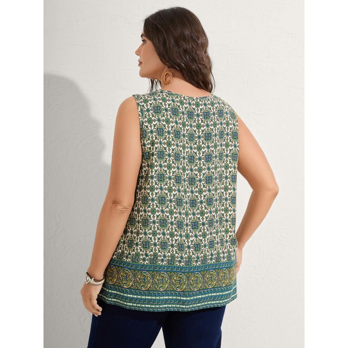 Plus Size Floral Print Pleated Neckline Tank Top Women Teal Boho Pleated Square Neck Vacation Tank Tops Camis BloomChic 12/L Product Image