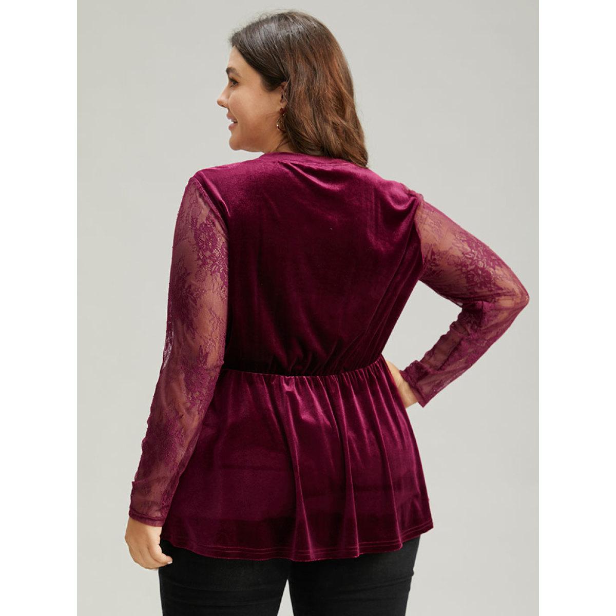 Plus Size Burgundy Velvet Patchwork Mesh Guipure Lace Gathered Blouse Women Elegant Long Sleeve Round Neck Festival-Christmas Blouses BloomChic 28/5X Product Image