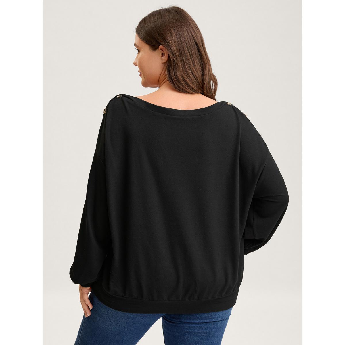 Plus Size Reversible Off-Shoulder Button Neck Sweatshirt Women Black Round Neck Casual Sweatshirts BloomChic 26/4X Product Image