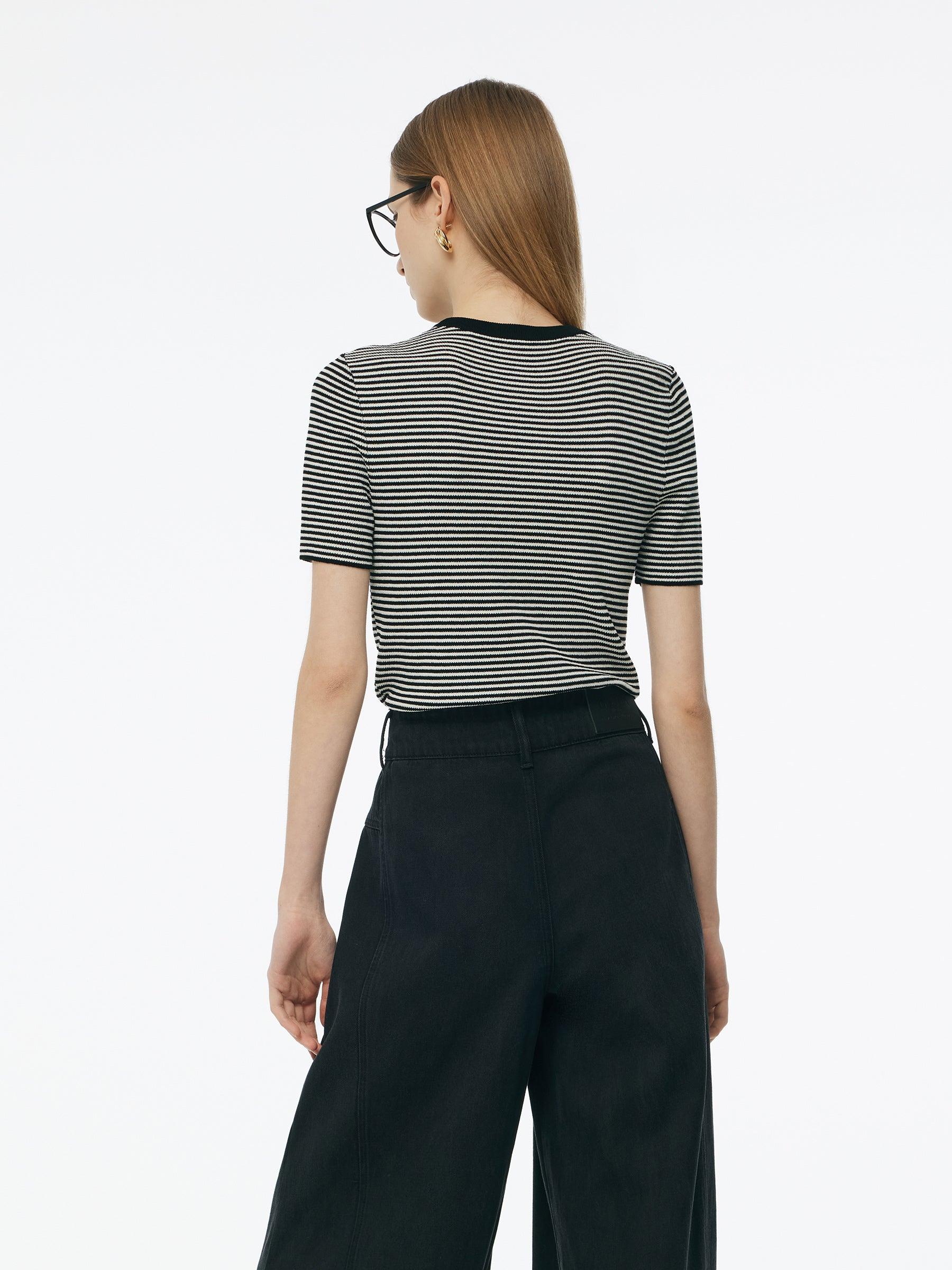 Tencel Blend Black And White Stripe Women Knit Top Product Image