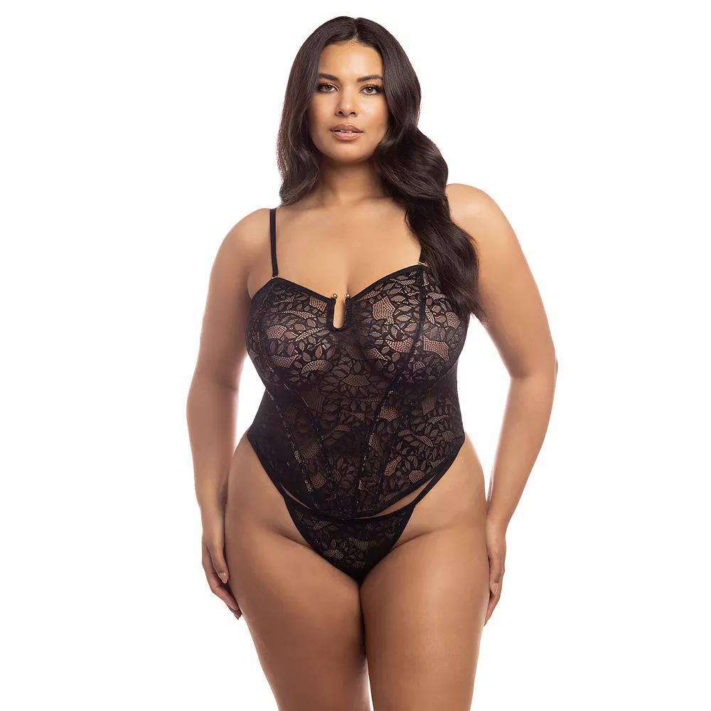 Plus Size Oh La La Cheri Kai Bustier & Thong Lingerie Set 61-11358X, Women's, Size: 1XL-2XL, Black Product Image