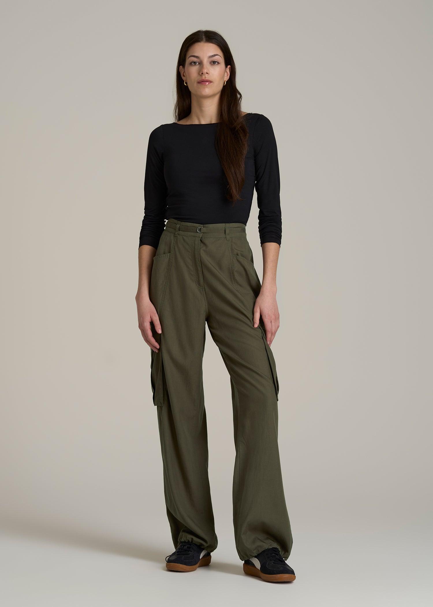 High Rise Cargo Parachute Pants for Tall Women in Forest Night Female Product Image