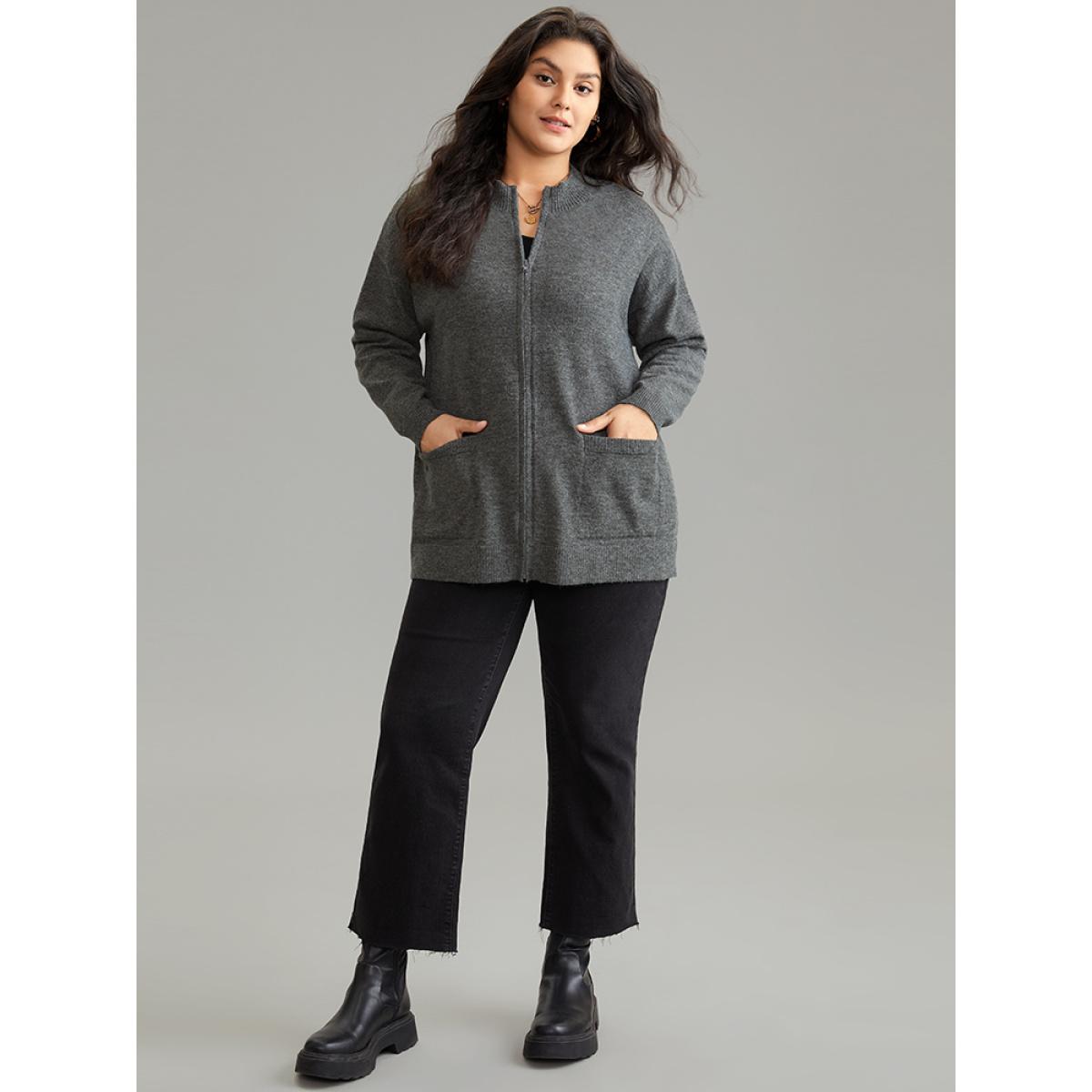 Plus Size Anti-Pilling Zipper Fly Patched Pocket Cardigan DimGray Women Casual Loose Long Sleeve Dailywear Cardigans BloomChic 14-16/1X Product Image