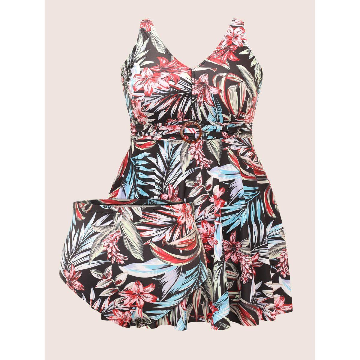 Plus Size Tropical Print Buckle Detail Swim Dress Women's Swimwear BlackFlower Beach Bodycon V-neck High stretch Curve Swim Dresses BloomChic 10/M Product Image