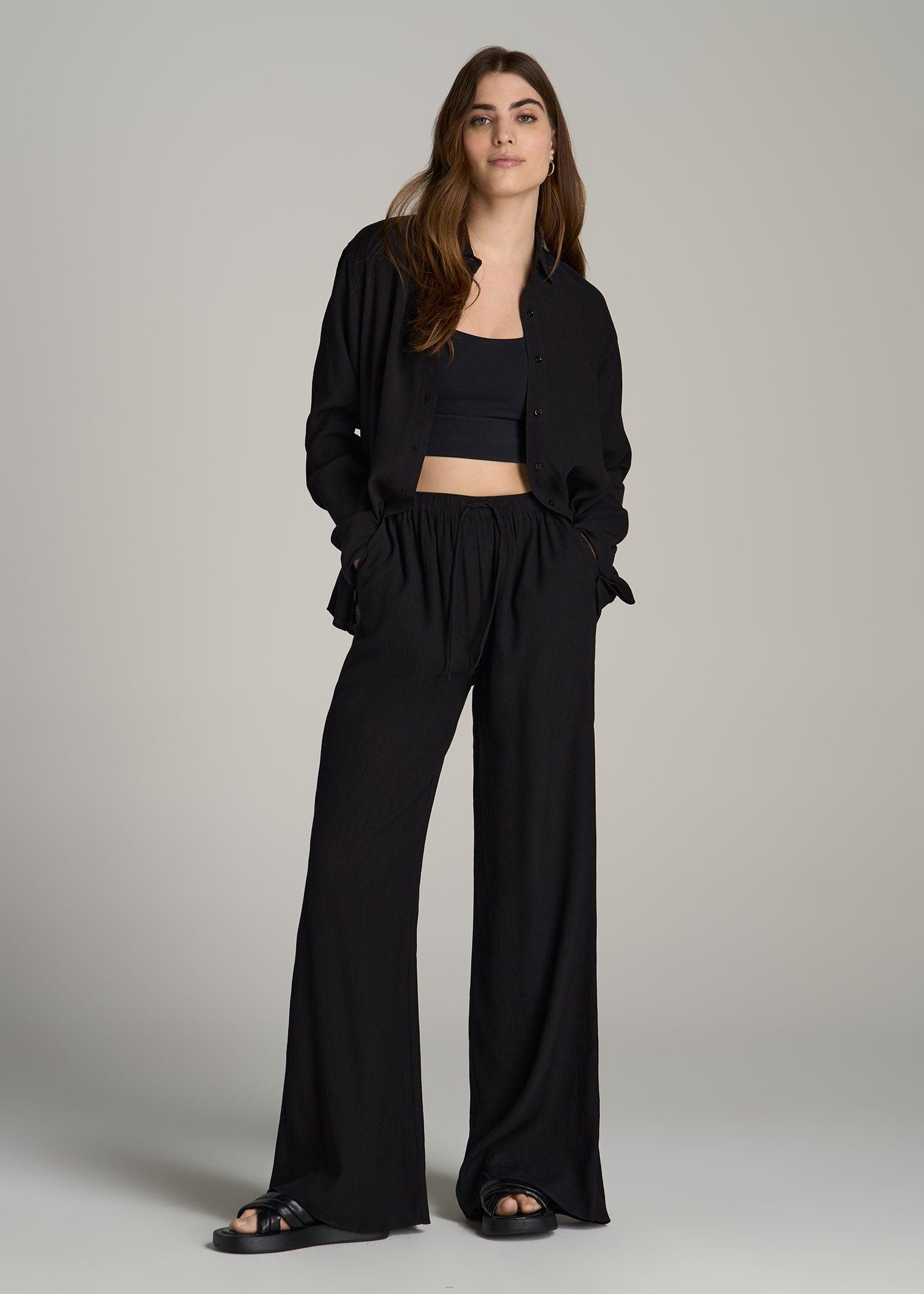 Crinkle Pull-on Wide-leg Pants for Tall Women in Black Female Product Image