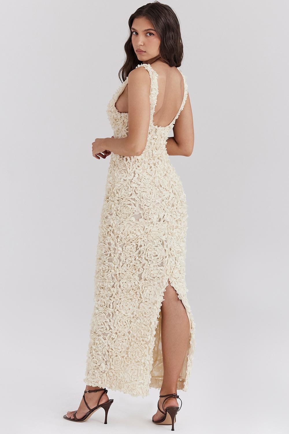 Carena  creme plunge floral appliqué maxi dress Product Image