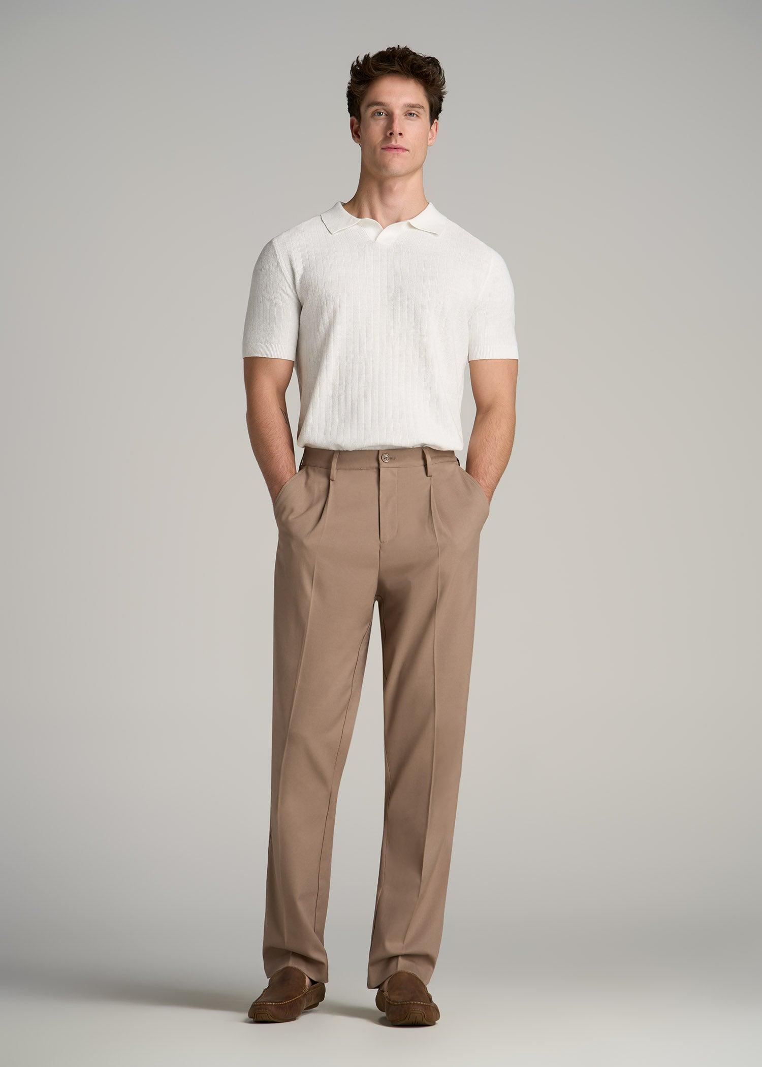 Linen Blend Ribbed Knit Polo Shirt for Tall Men in Stone Male Product Image