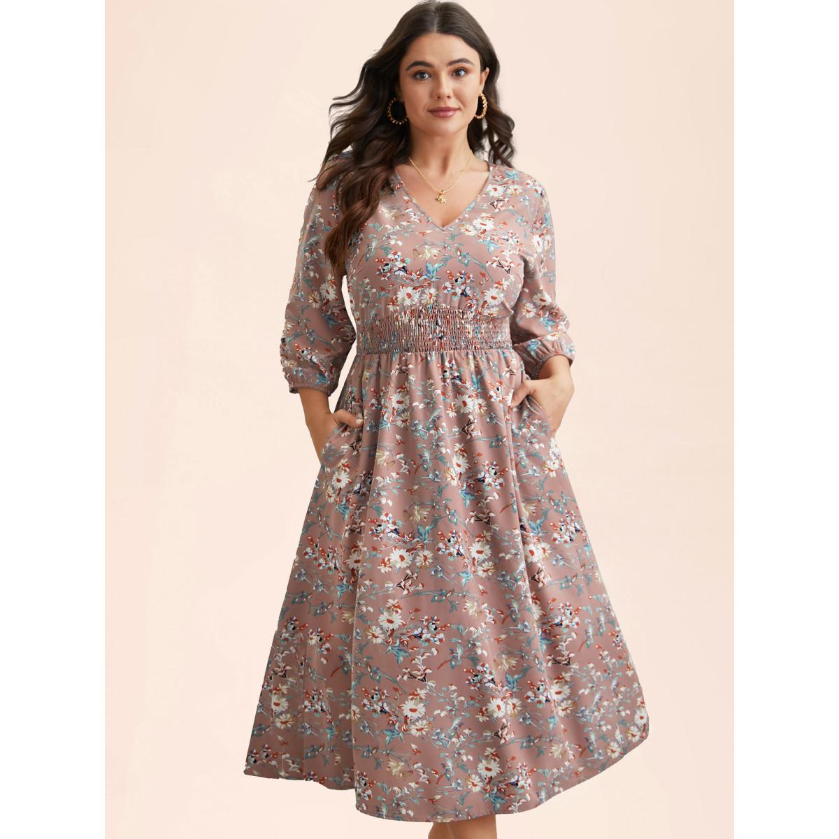 Plus Size V-Neck Floral Print Shirred Pockets Midi Dress DustyPink Women Elegant Shirred V-neck Elbow-length sleeve Curvy BloomChic 18-20/2X Product Image