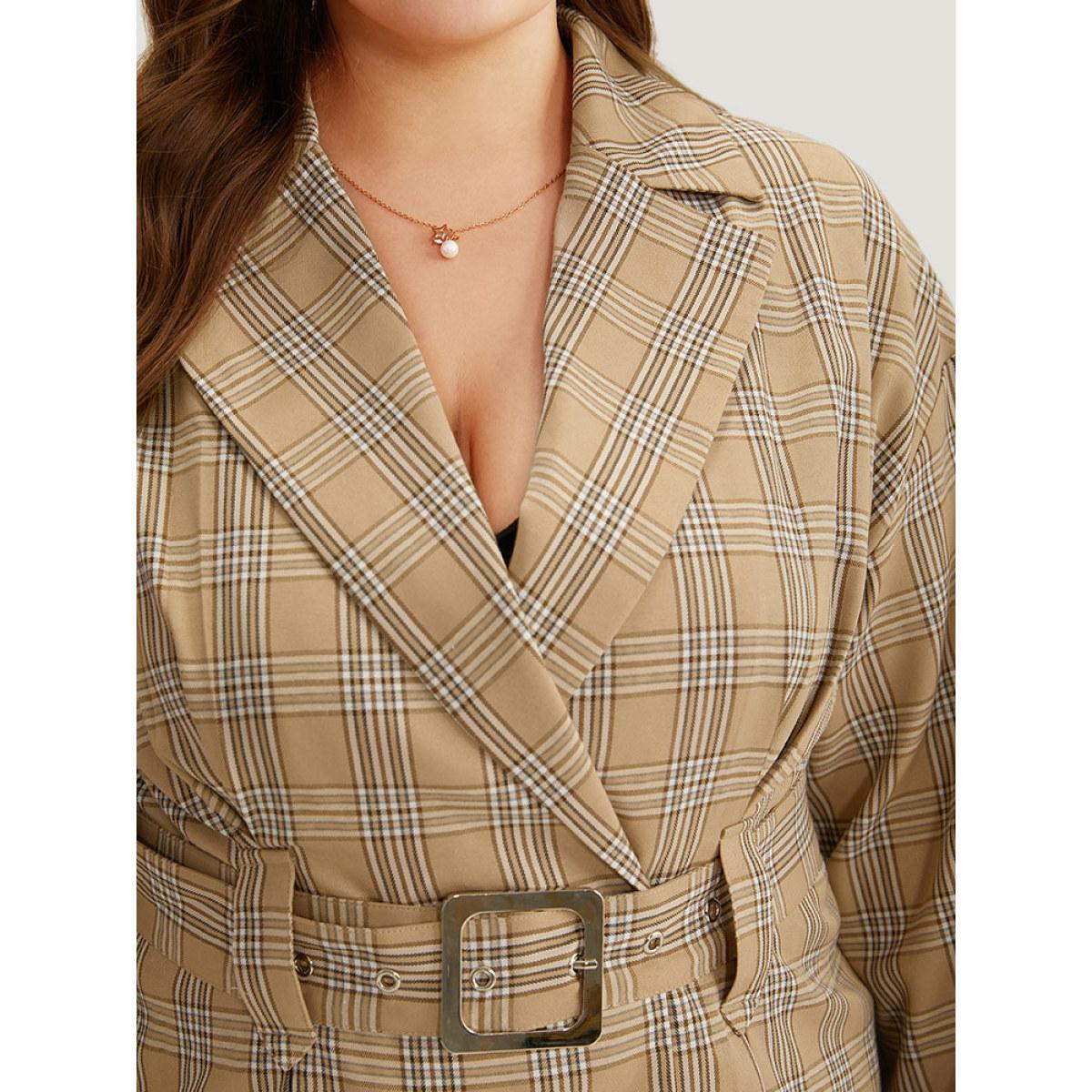 Plus Size Plaid Metal Buckle Detail Pleated Coat Women Tan Casual Belted Ladies Dailywear Winter Coats BloomChic 22-24/3X Product Image