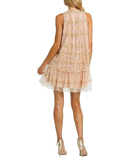 Mac Duggal Beaded Mesh High Neck Sleeveless Ruffle A-Line Dress Product Image