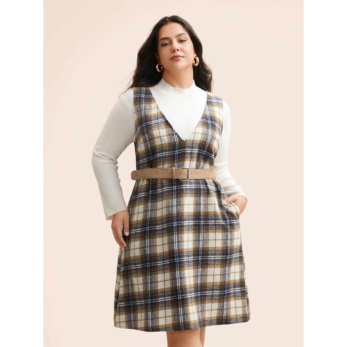 Plus Size Plaid V Neck Sleeveless Dress Multicolor Women Elegant Texture Deep V-neck Sleeveless Curvy BloomChic 12/L Product Image