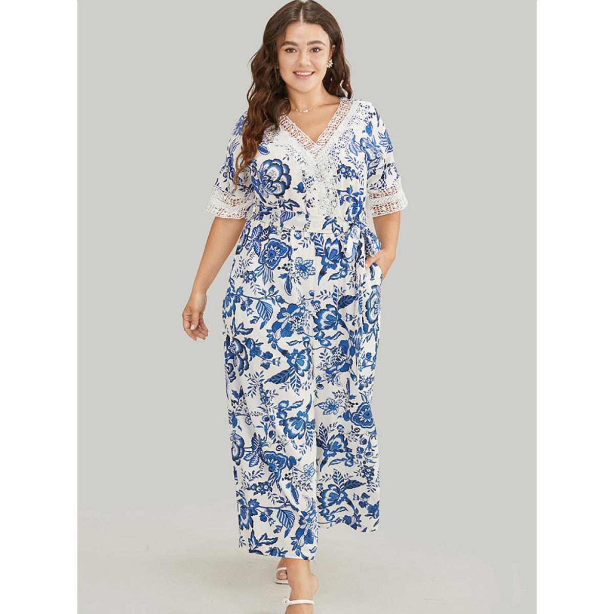 Plus Size Navy Floral Belted Pocket Lace Trim Wrap Jumpsuit Women Vacation Short sleeve V-neck Dailywear Loose Jumpsuits BloomChic 26/4X Product Image