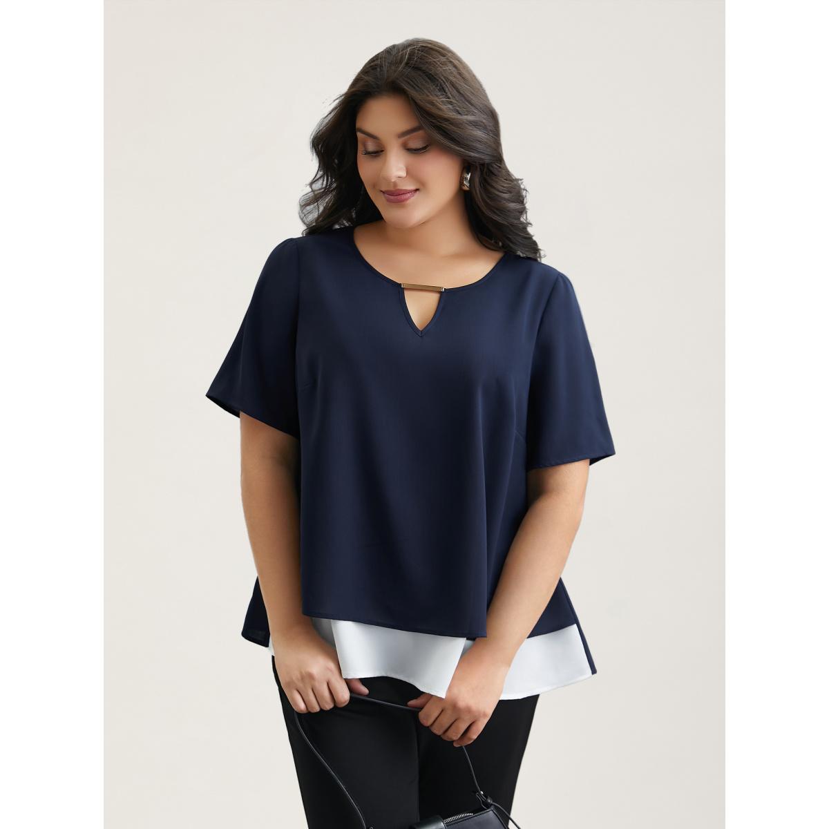 Plus Size Indigo Neck Cut-Out Color Contrast Shirt Women At the Office Short sleeve Round Neck Work Blouses BloomChic 26/4X Product Image
