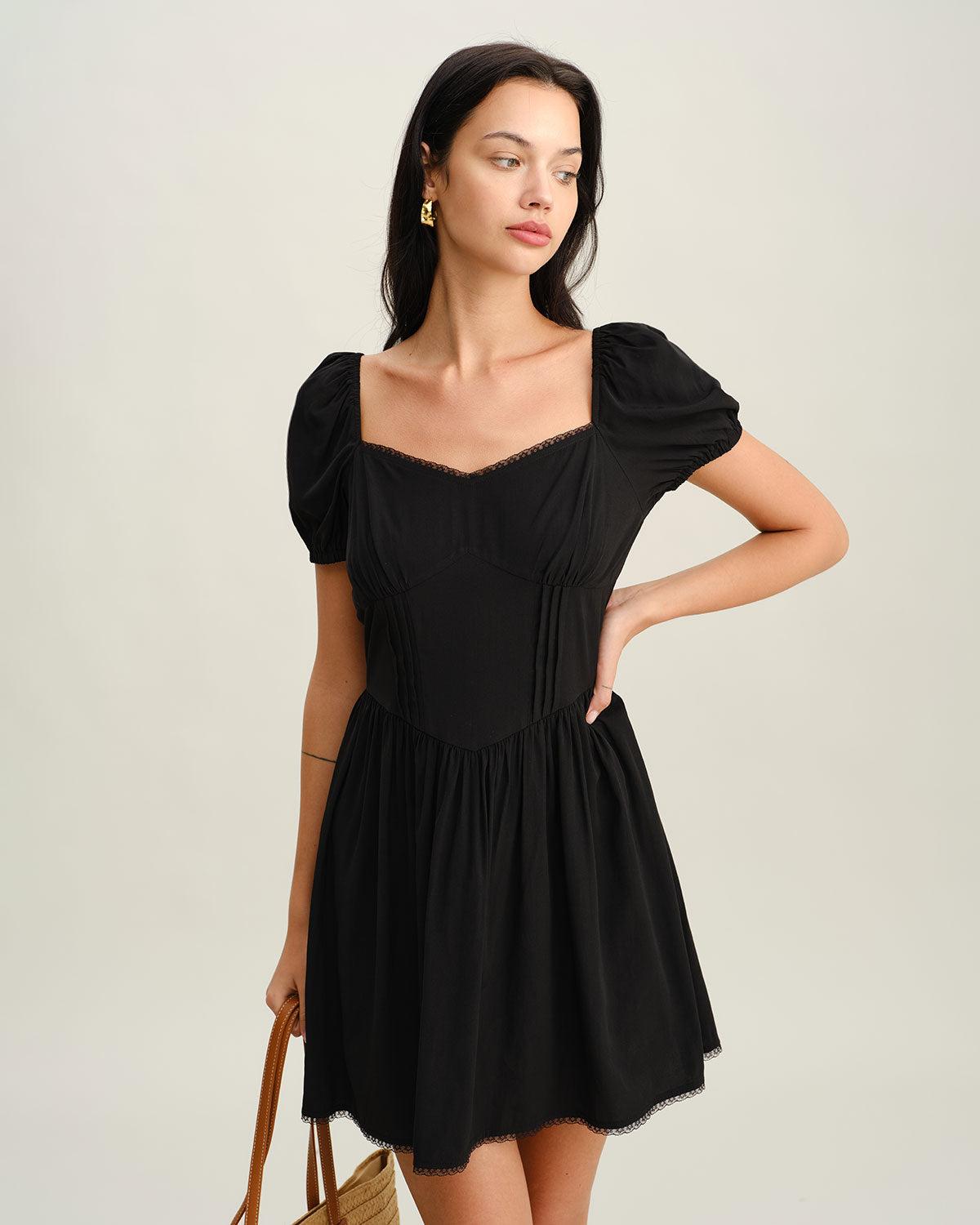 Black Sweetheart Neck Puffed Sleeve Mini Dress Product Image