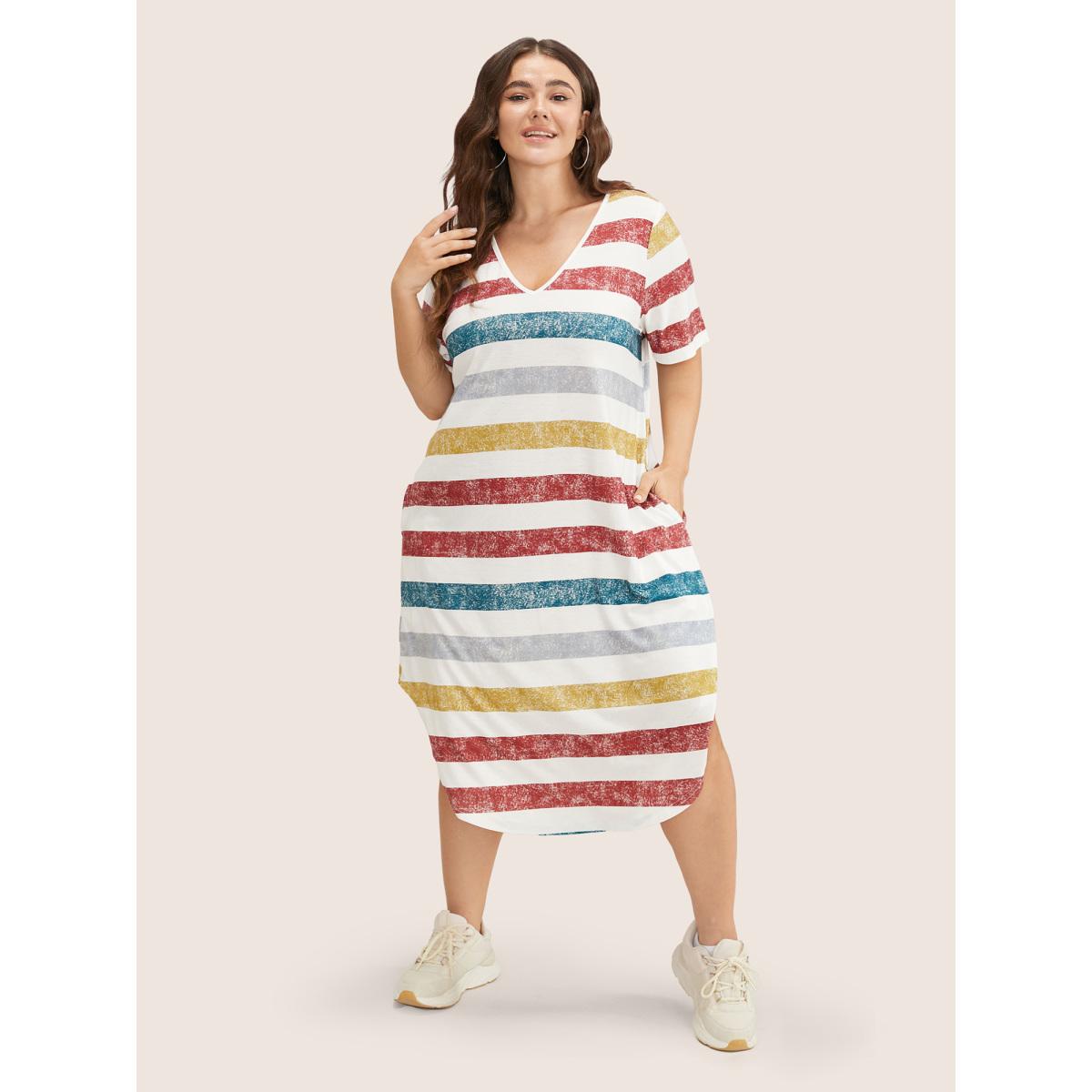 Plus Size Striped Contrast Arc Hem V Neck Pocket Dress Multicolor Women Playful Non V-neck Short sleeve Curvy Midi Dress BloomChic 12/L Product Image