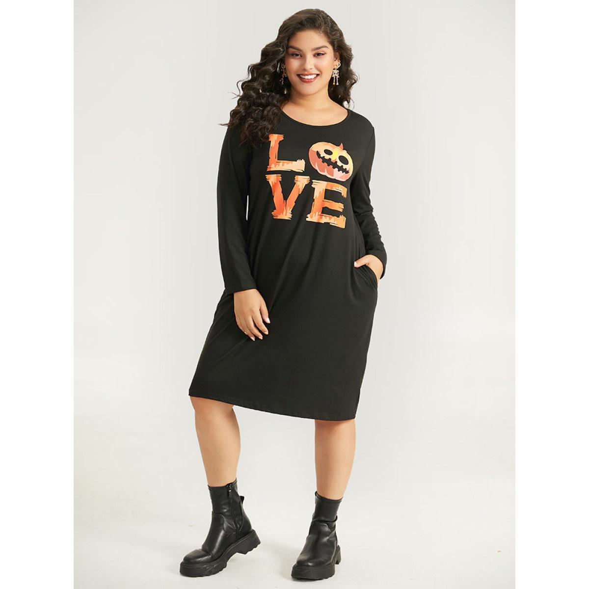 Plus Size Halloween Pumpkin & Letter Print Pocket Lace Panel Dress Black Women Casual Printed Curvy Midi Dress BloomChic 18-20/2X Product Image