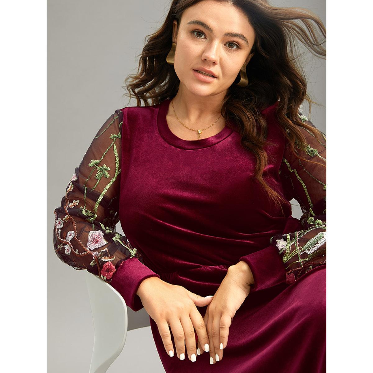 Plus Size Floral Embroidered Patchwork Lace Velvet Mesh Dress Burgundy Women Elegant Velvet Round Neck Long Sleeve Curvy Midi Dress BloomChic 10/M Product Image