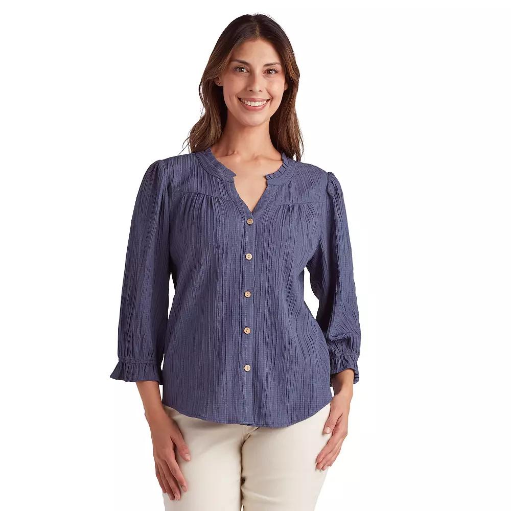 Womens AB Studio Button Front Ruffle Neck Top Blue Product Image
