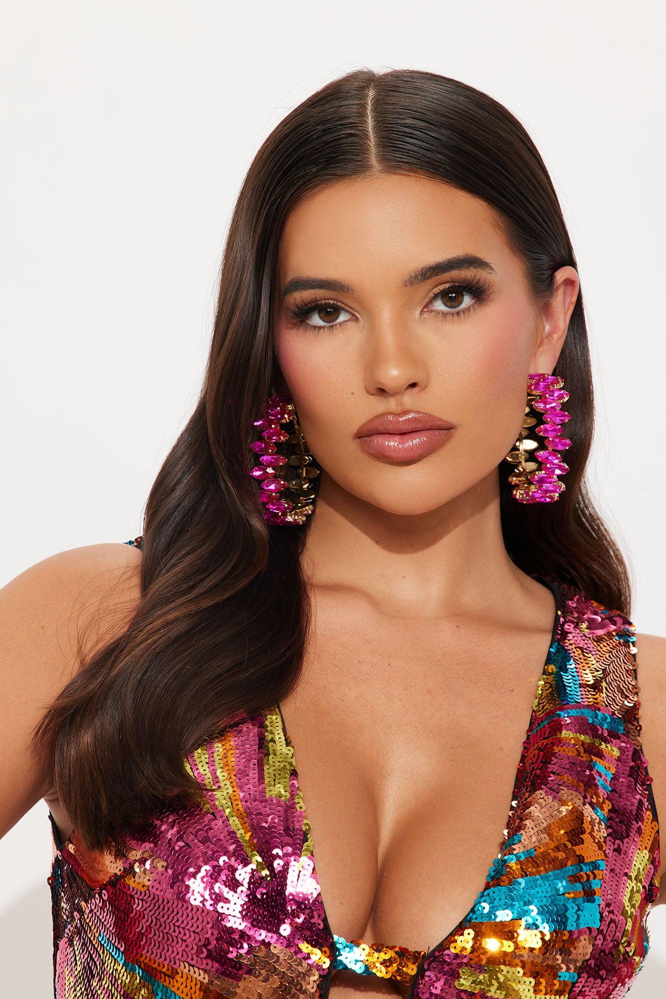 Out Jeweled You Hoop Earrings - Fuchsia Female Product Image