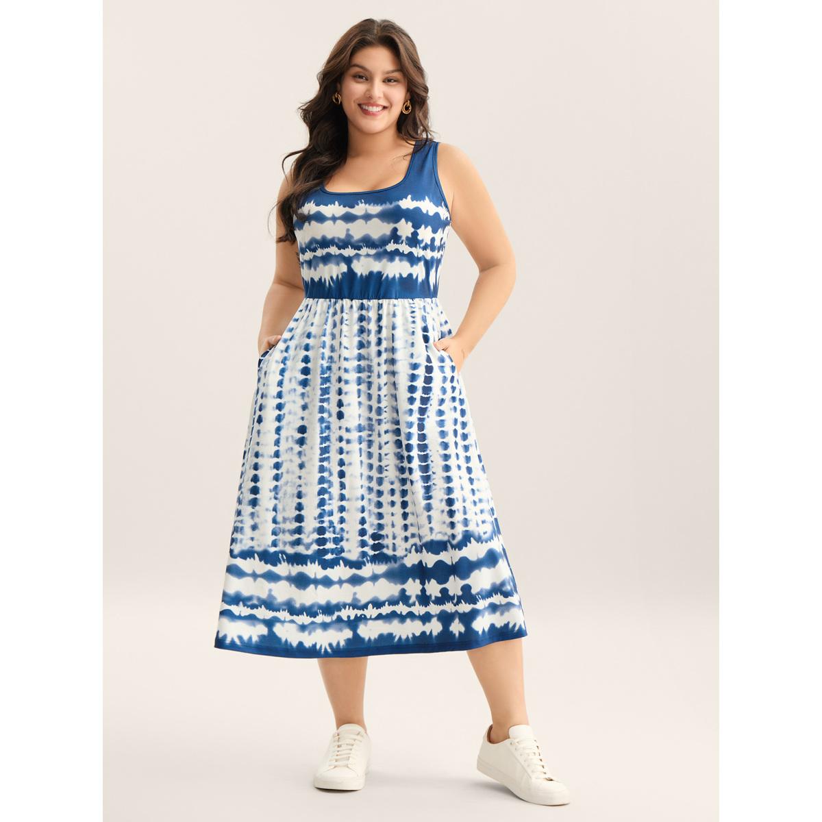 Plus Size Tie-Dye Pockets Cami Midi Dress Mediumblue Women Square Neck Sleeveless Curvy BloomChic 28/5X Product Image