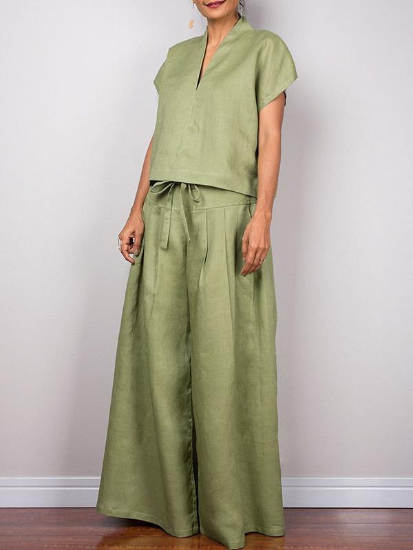 High Waisted Loose Drawstring Pleated Solid Color Split-Joint Pants Trousers Product Image