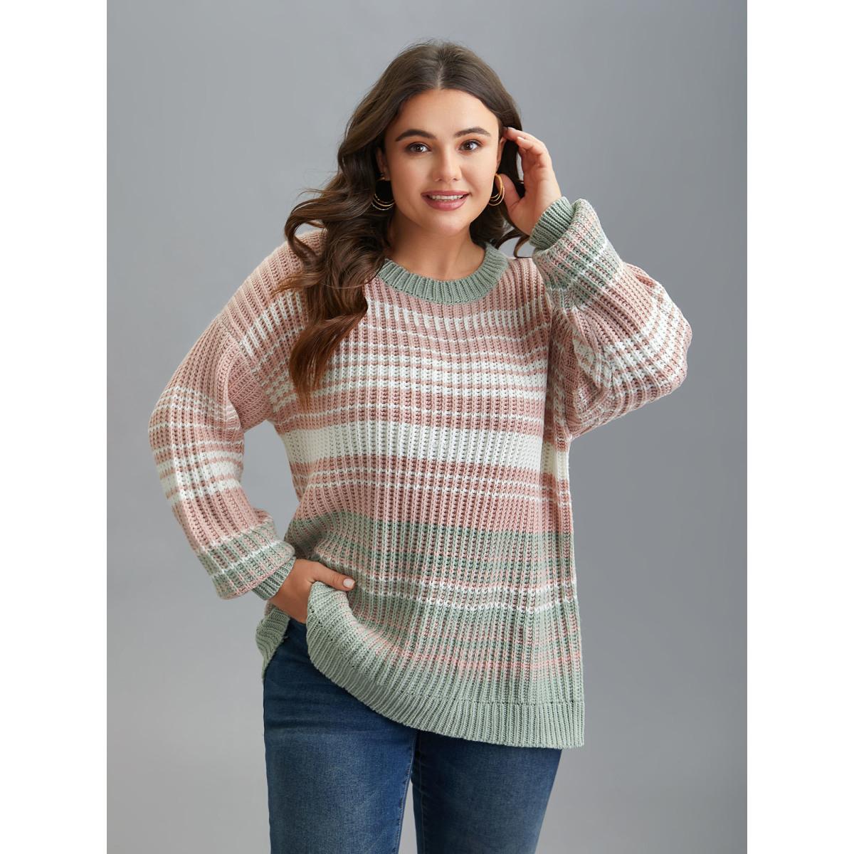 Plus Size Striped Contrast Colors Ribbed Pullover Greenbean Women Casual Loose Long Sleeve Round Neck Everyday Pullovers BloomChic 22-24/3X Product Image