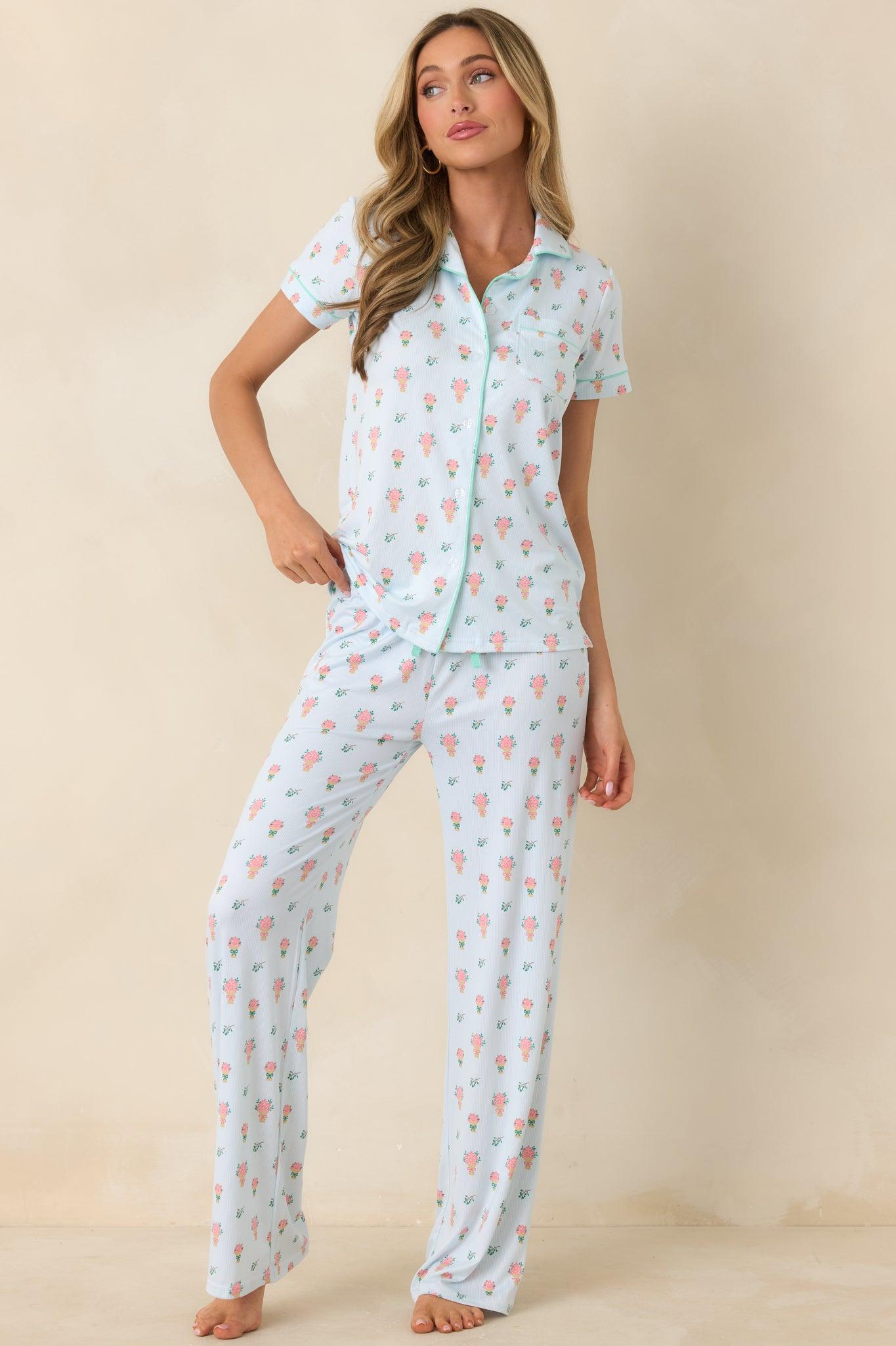 Mint to Be Mine Mint Green Multi Floral Print Short Sleeve Pajama Top Product Image