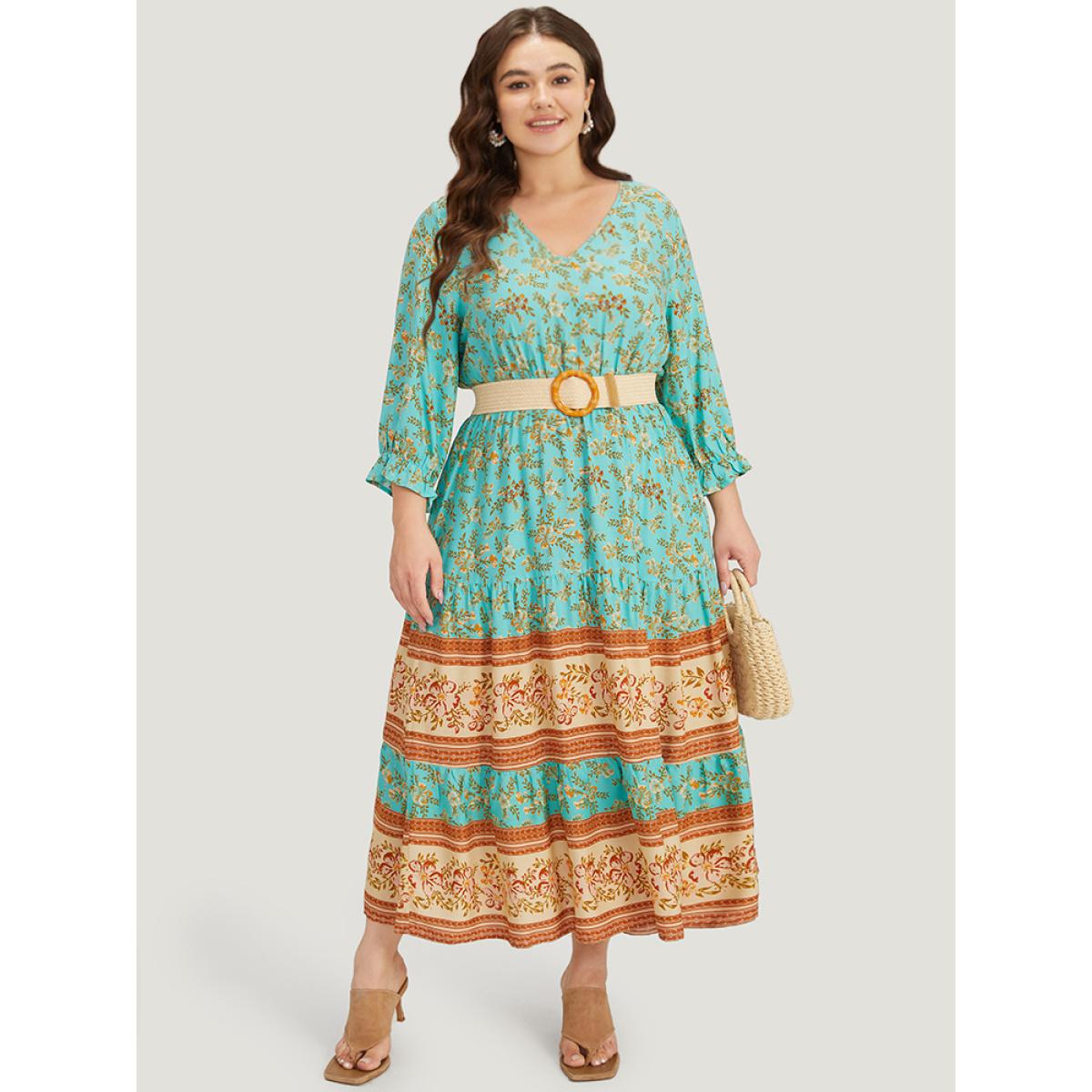 Plus Size Floral Print Lantern Sleeve Contrast Patchwork Dress Aquamarine Women Vacation Elastic cuffs V-neck Half Sleeve Curvy Midi Dress BloomChic 22-24/3X Product Image