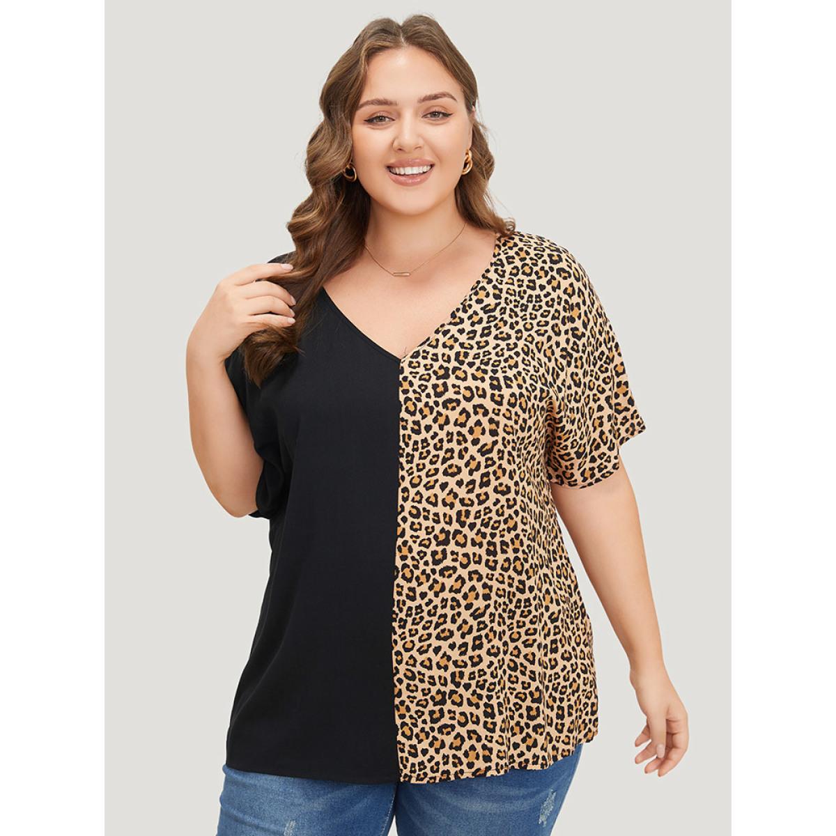 Plus Size Black Leopard Patchwork Dolman Sleeve Blouse Women Elegant Short sleeve V-neck Dailywear Blouses BloomChic 22-24/3X Product Image