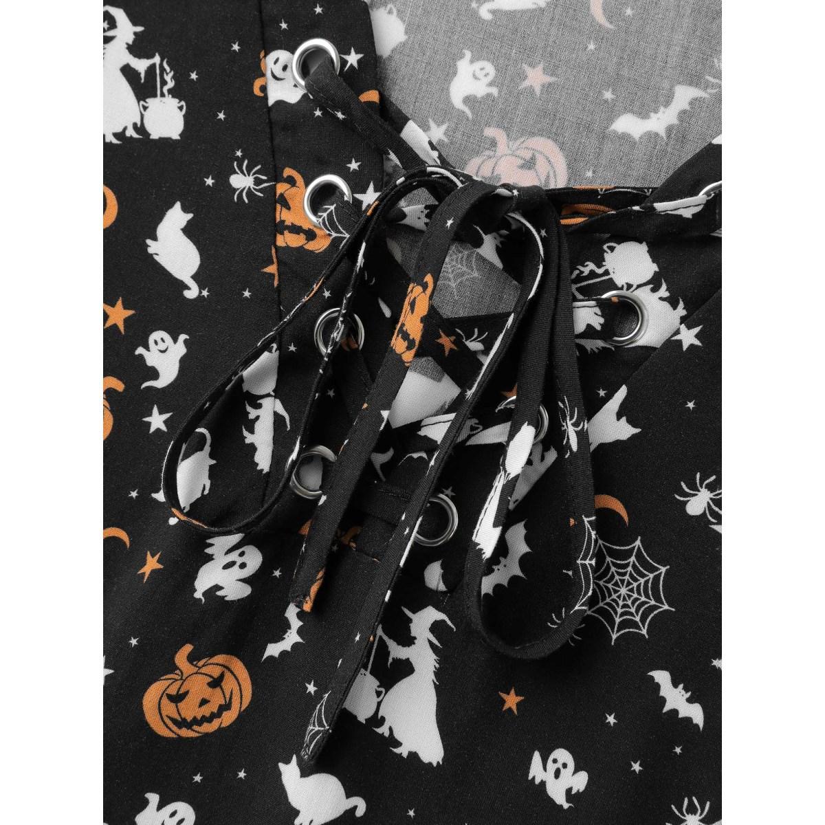 Plus Size BlackFlower Rayon Halloween Print Neck Tie-Up Blouse Women Timeless Elbow-length sleeve V-neck Elegant Blouses BloomChic 18-20/2X Product Image