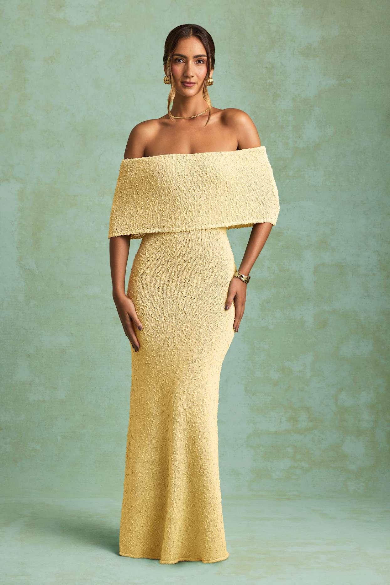 Bouclé Off-Shoulder Maxi Dress in Yellow Girls Product Image