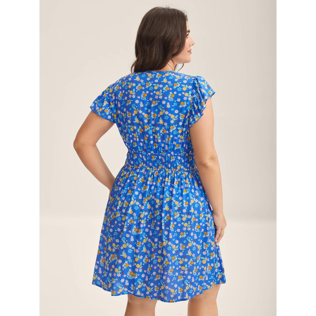 Plus Size Fruity Floral Stretchy Waist Midi Dress Skyblue Women Leisure Overlap Collar Cap Sleeve Curvy BloomChic 26/4X Product Image