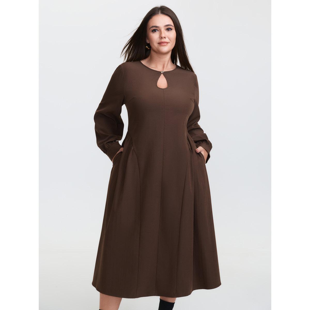 Plus Size Round Neck Cut Out Solid Midi Dress Browncoffeecolor Women Office Round Neck Extra Long Sleeve Curvy BloomChic 30/6X Product Image