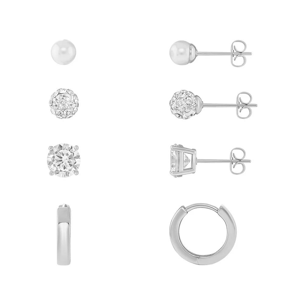 PRIMROSE 4-Pair Cubic Zirconia & Simulated Pearl Earring Set, Women's, Silver Tone Product Image