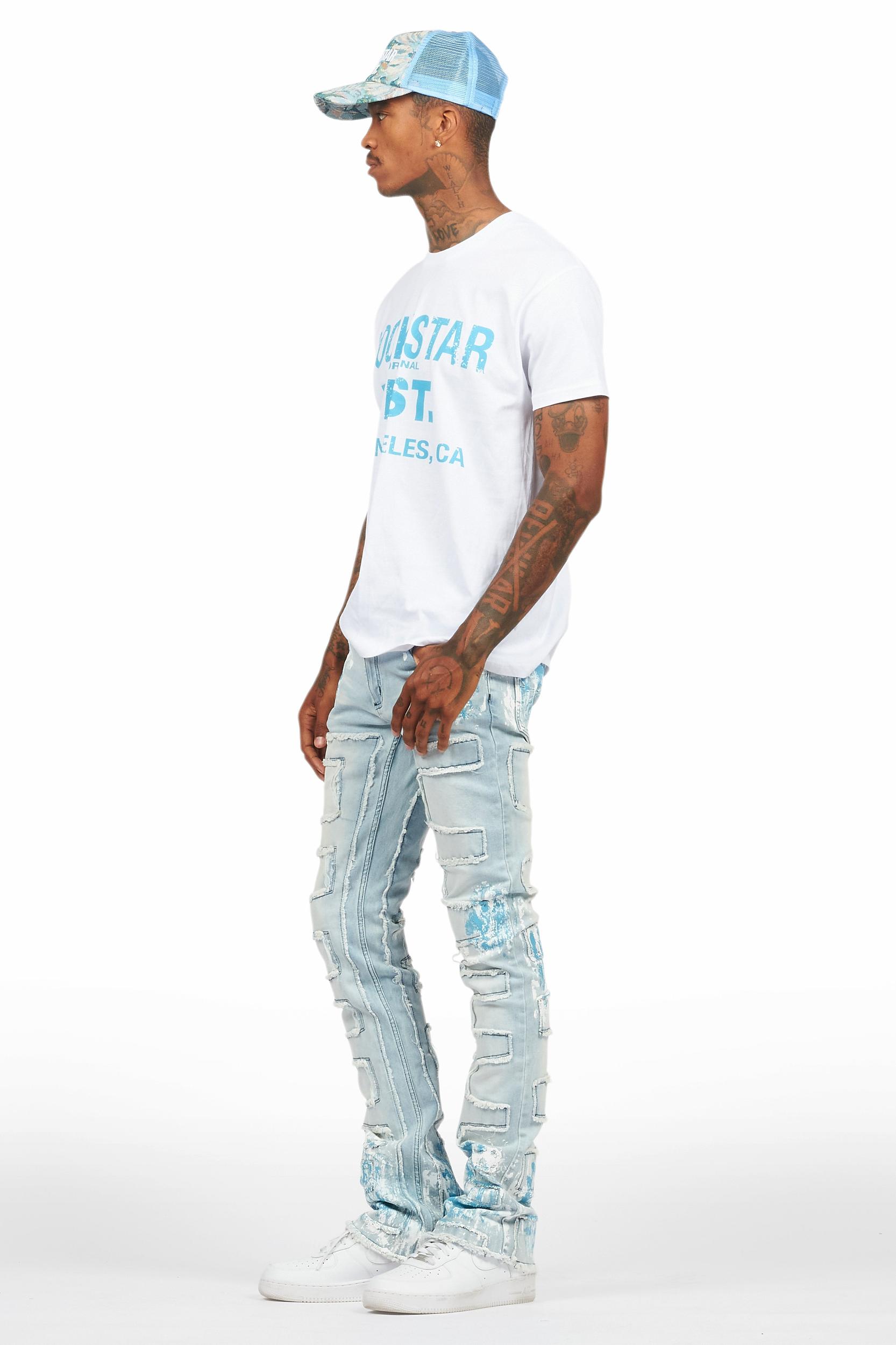Saxon White/Blue T-Shirt/Stacked Flare Jean Set Male Product Image