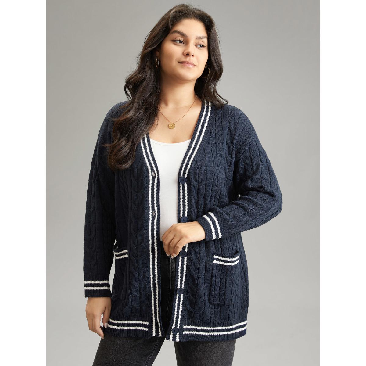 Plus Size Cable Knit Contrast Striped Button Through Cardigan Midnight Women Casual Loose Long Sleeve Dailywear Cardigans BloomChic 10/M Product Image