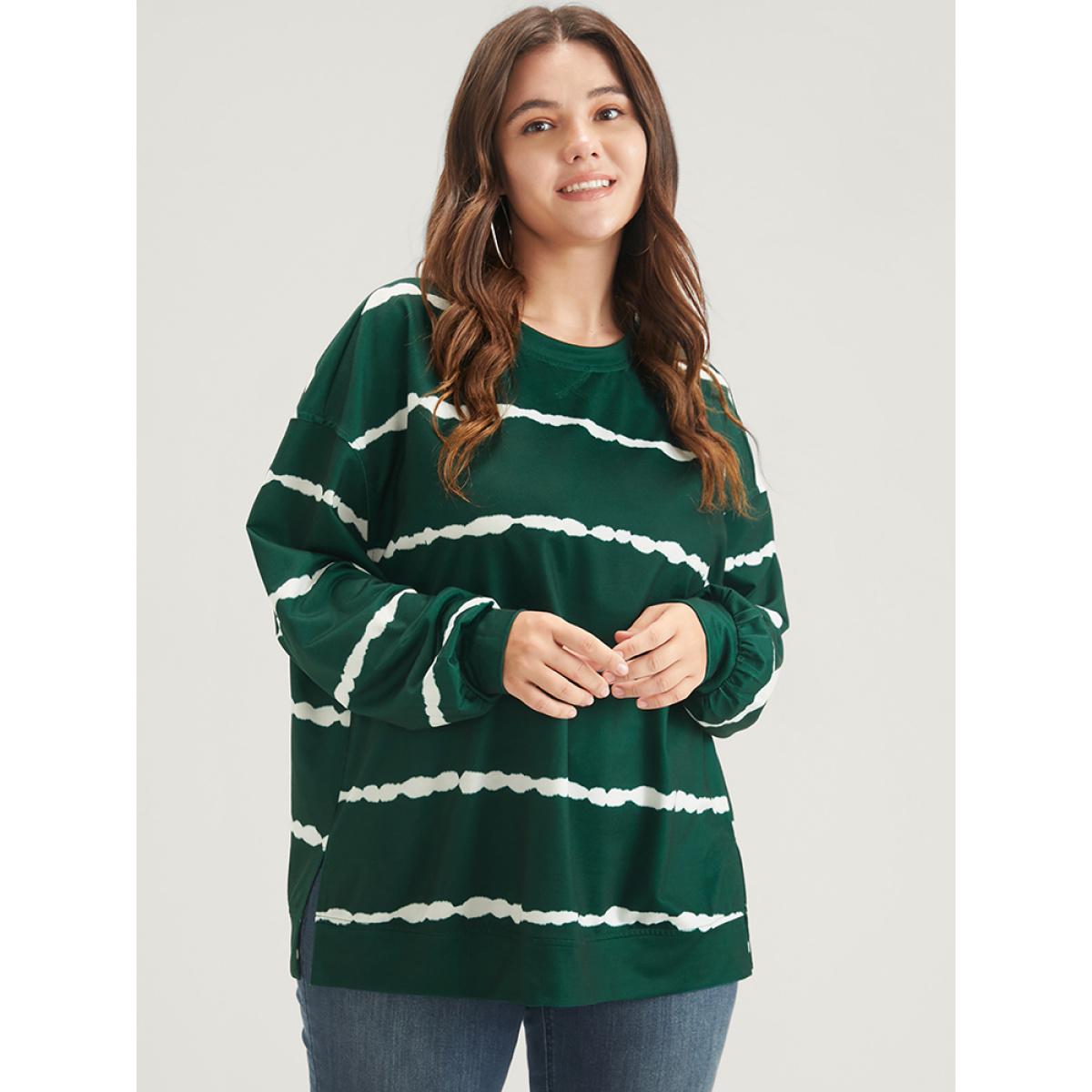 Plus Size Tie Dye Striped Side Split Drop Shoulder Sweatshirt Women Green Casual Tie Dye Loose Round Neck Dailywear Sweatshirts BloomChic 18-20/2X Product Image