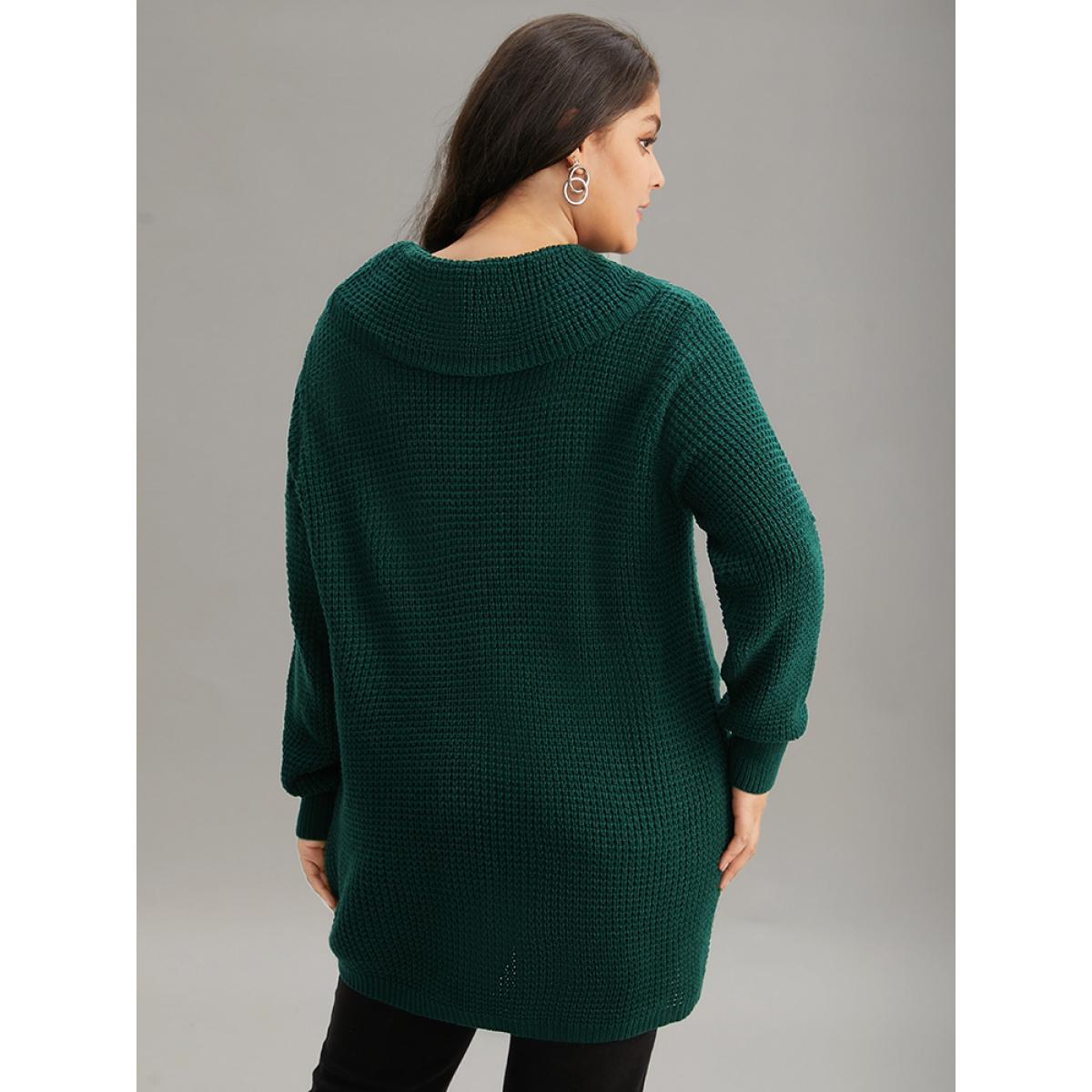 Plus Size Supersoft Essentials Anti-Pilling Button Detail Pullover DarkGreen Women Casual Loose Long Sleeve Lapel Collar Everyday Pullovers BloomChic 26/4X Product Image