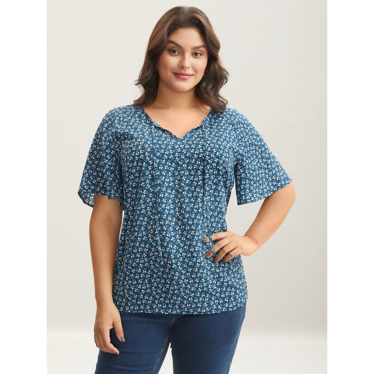 Plus Size Aegean Ditsy Floral Print Half Sleeve Shirt Women Timeless Short sleeve Ribbon-tied collar Elegant Blouses BloomChic 10/M Product Image