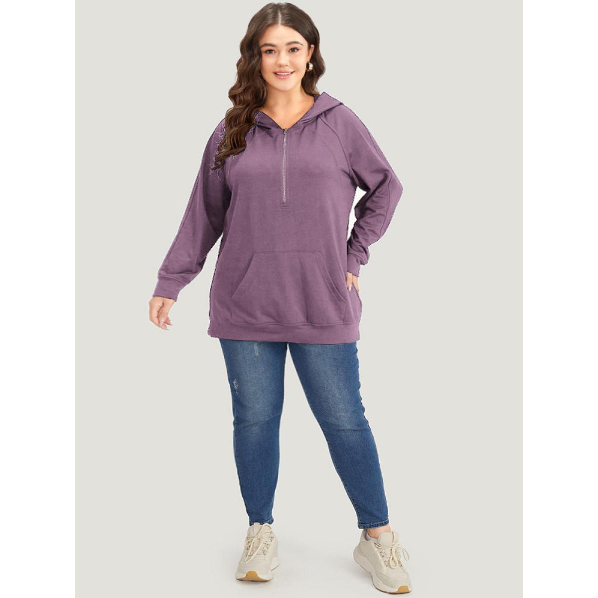 Plus Size Solid Half Zip Hooded Pocket Raglan Sleeve Sweatshirt Women Mauve Casual Elastic cuffs Hooded Dailywear Sweatshirts BloomChic 12/L Product Image