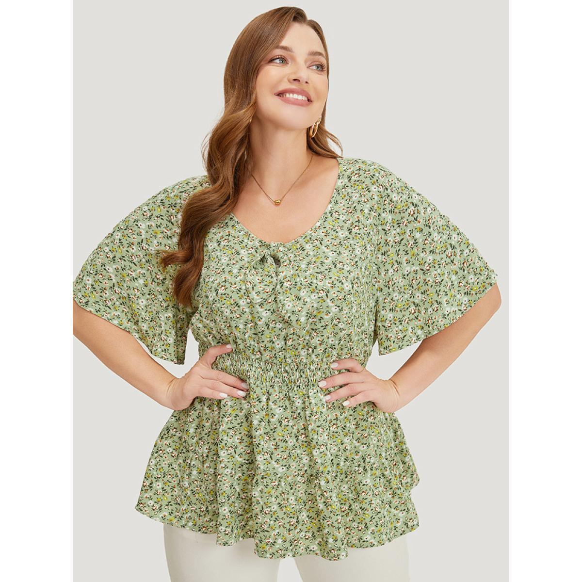 Plus Size Sage Ditsy Floral Knotted Crew Neck Shirred Ruffle Sleeve Blouse Women Elegant Short sleeve Round Neck Dailywear Blouses BloomChic 26/4X Product Image