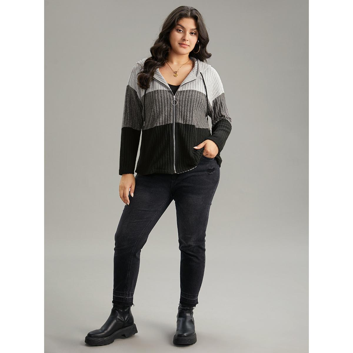 Plus Size Colorblock Contrast O Ring Zipper Jacket Women Gray Contrast Dailywear Jackets BloomChic 12/L Product Image