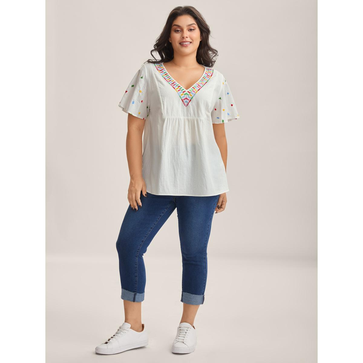 Plus Size Originalwhite Cotton Colorful Embroidery V-Neck Solid Blouse Women Short sleeve V-neck Casual Blouses BloomChic 12/L Product Image