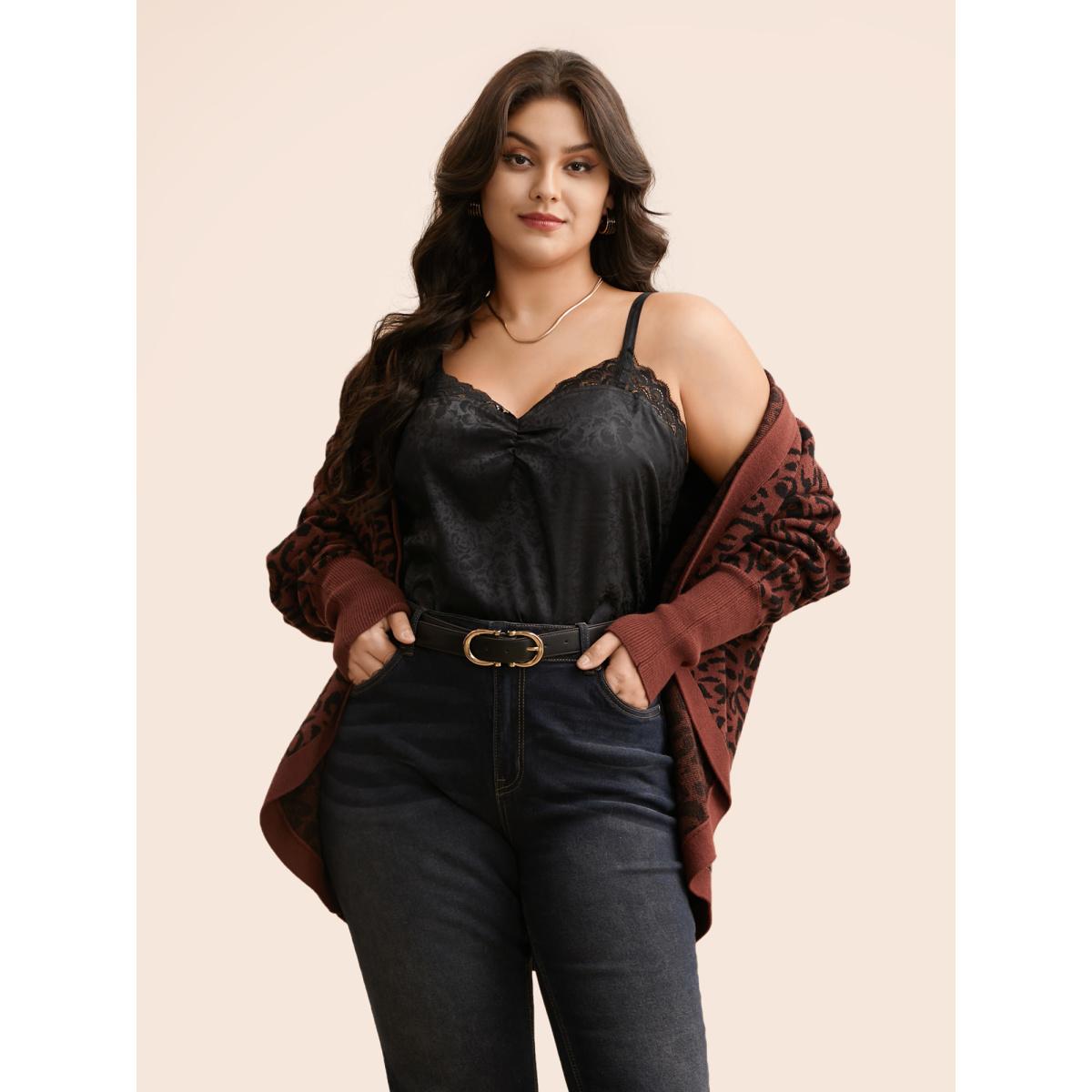 Plus Size Crochet Lace Gathered Cami Top Women Black Elegant Gathered V-neck Everyday Tank Tops Camis BloomChic 26/4X Product Image