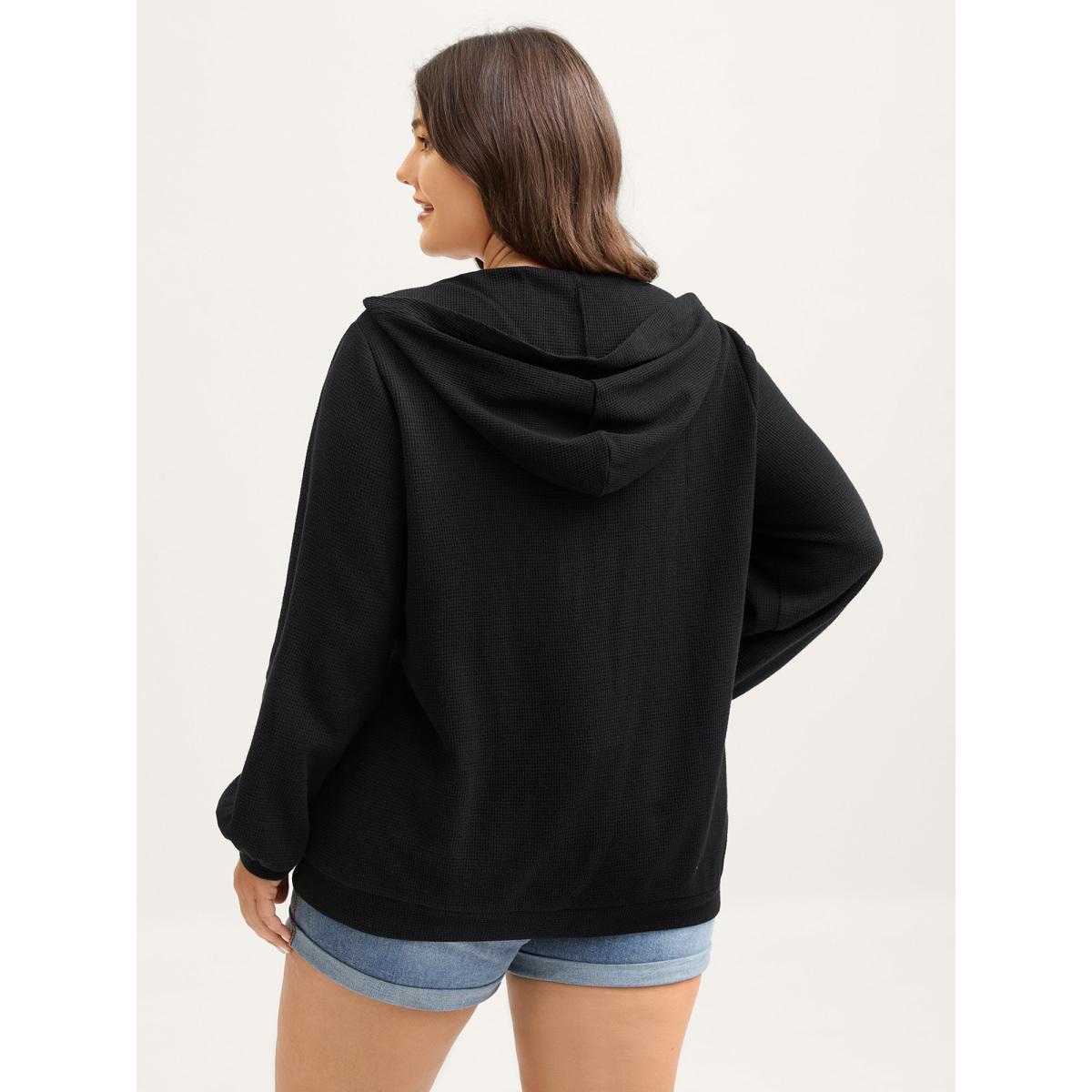 Plus Size Textured Snap Buttons Hooded Sweatshirt Women Black Leisure Texture Hooded Casual Sweatshirts BloomChic 18-20/2X Product Image