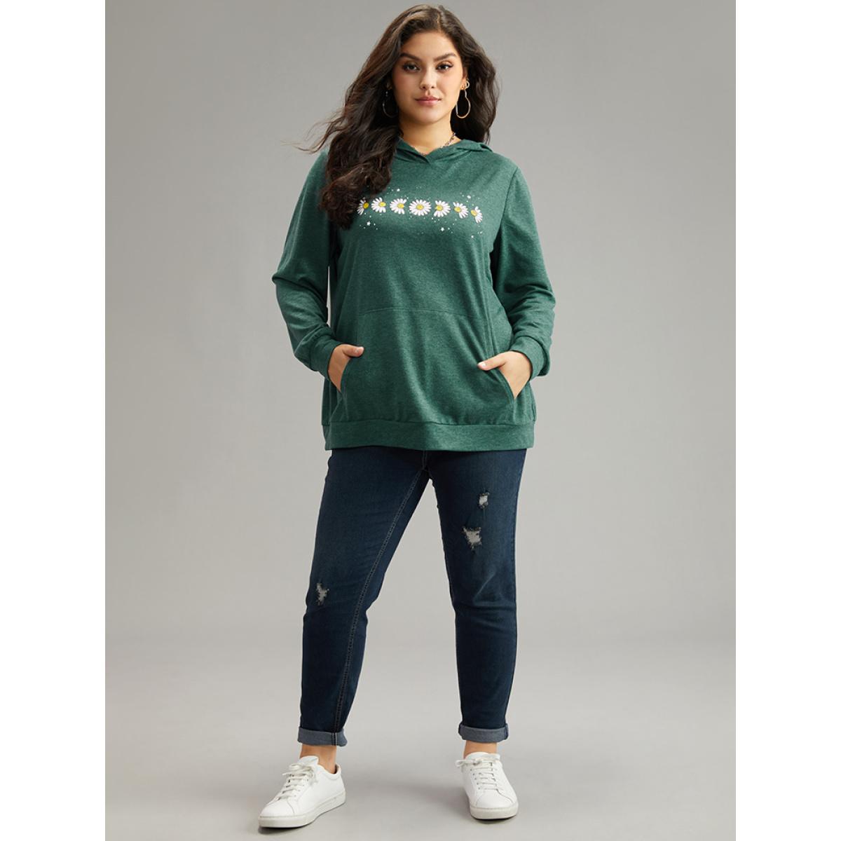 Plus Size Floral Print Pocket Hooded Sweatshirt Women DarkGreen Casual Printed Dailywear Sweatshirts BloomChic 18-20/2X Product Image